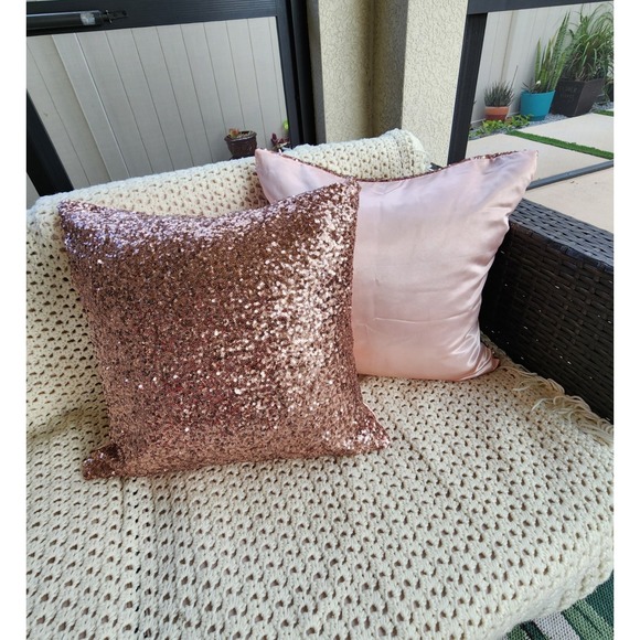 Sequin Throw Pillow Cover Shiny Sparkling Satin Back Rose Gold Pillow - Picture 3 of 7
